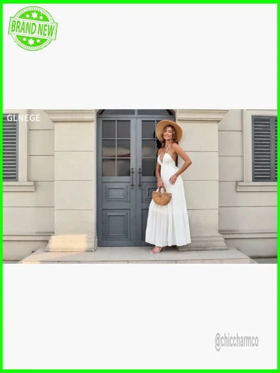 Maxi Halter V-Neck Backless Bow Dress Flowy Ruffle Sundress Women's Size - Picture 6 of 6